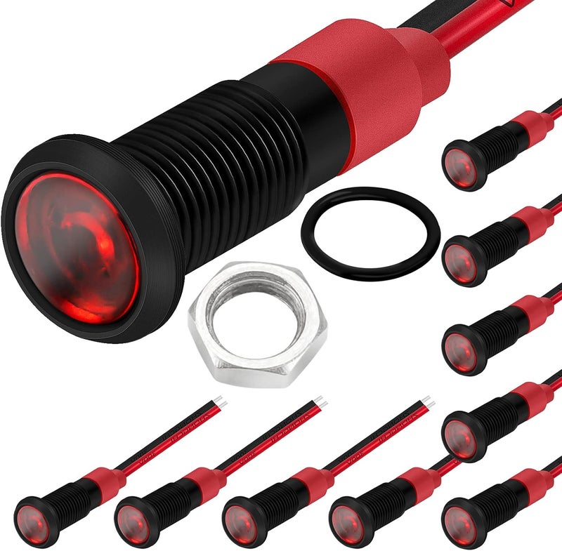 DAIERTEK 1/4" 12 Volt LED Indicator Light 6mm 12V Red Pilot Lamp IP67 Waterproof Aluminum Metal Material Marine Black Bezel with Wire Leads-10pcs - Image 1